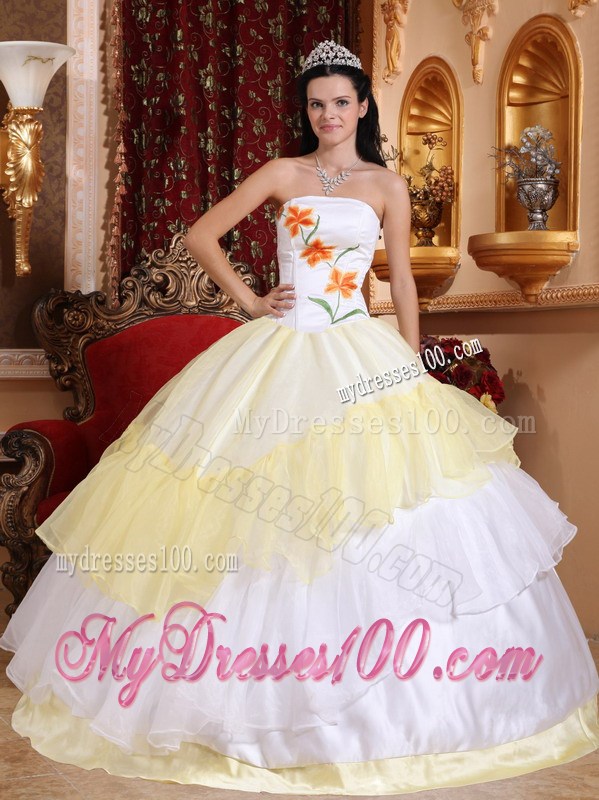 Light Yellow and White Floral Embroidery Quincianera Dresses
