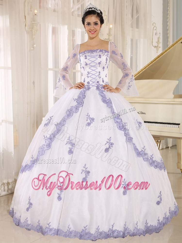 Square White Quinceanera Gown with Embroidery and Long Sleeves