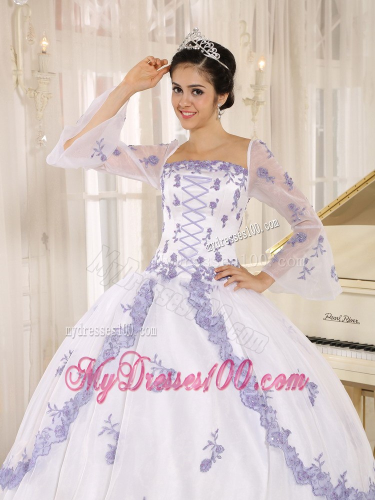 Square White Quinceanera Gown with Embroidery and Long Sleeves