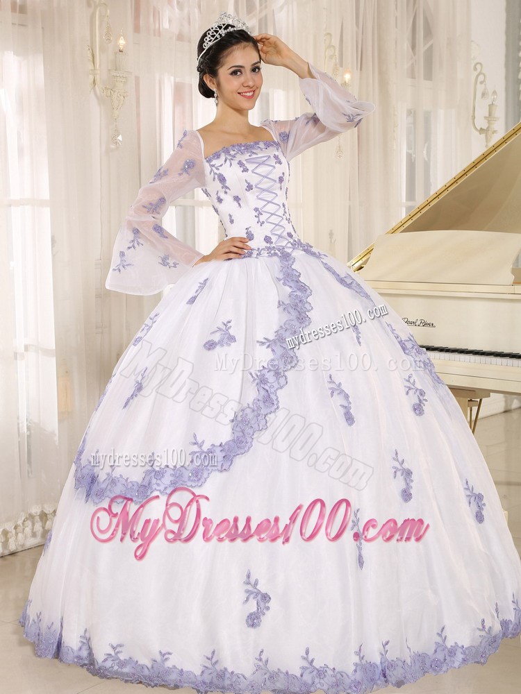 Square White Quinceanera Gown with Embroidery and Long Sleeves