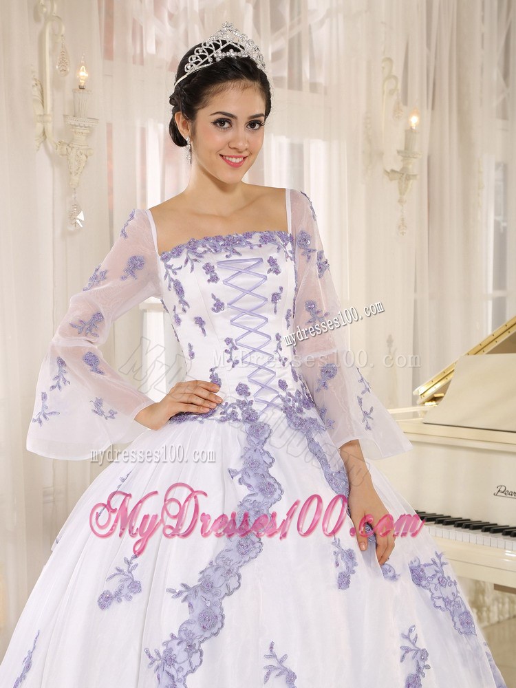Square White Quinceanera Gown with Embroidery and Long Sleeves