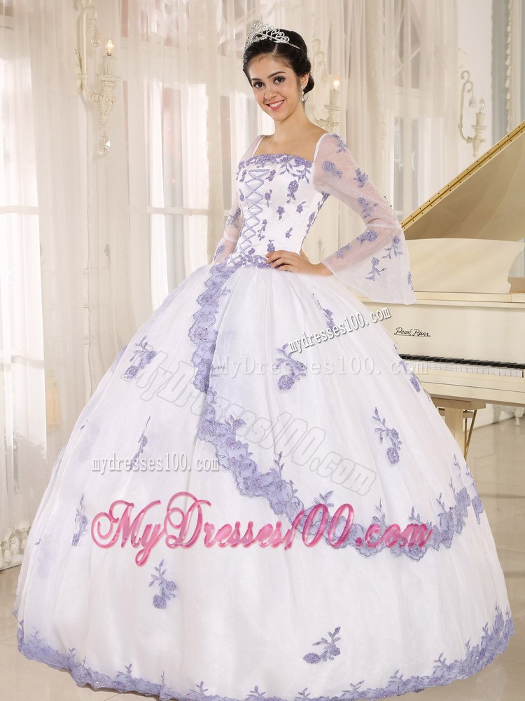 Square White Quinceanera Gown with Embroidery and Long Sleeves