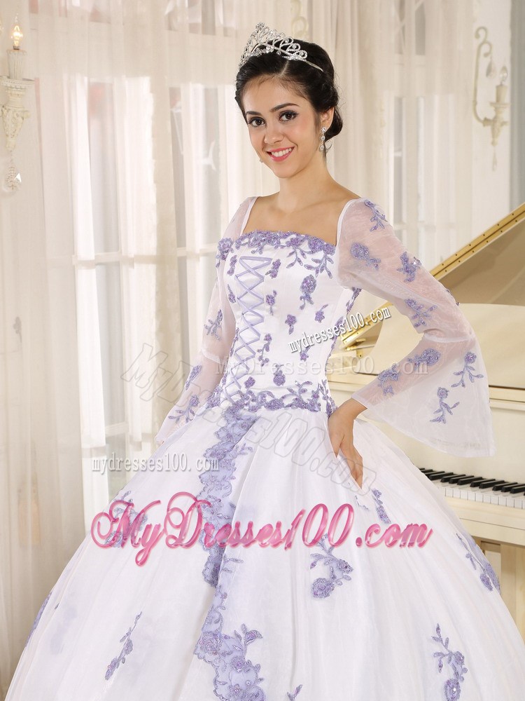 Square White Quinceanera Gown with Embroidery and Long Sleeves