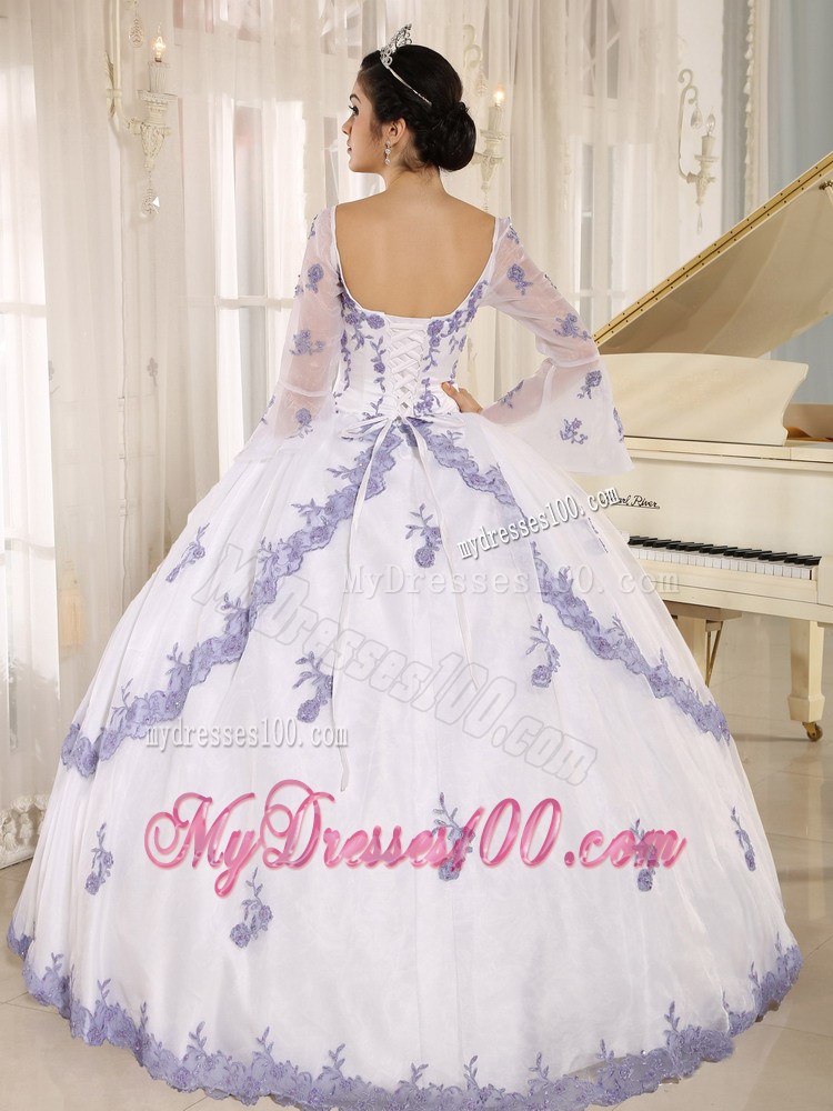 Square White Quinceanera Gown with Embroidery and Long Sleeves
