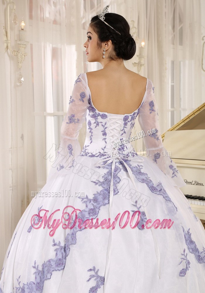 Square White Quinceanera Gown with Embroidery and Long Sleeves