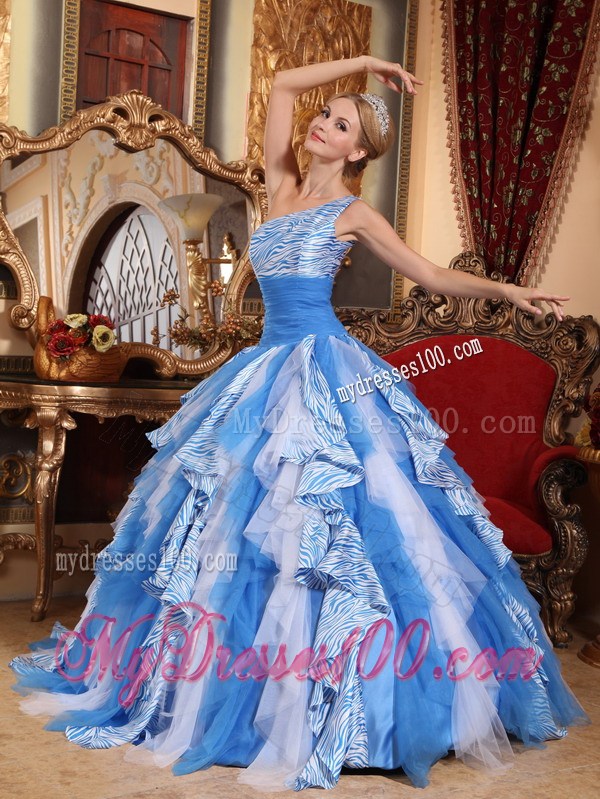 Blue and White Zebra Print Quinceanera Gowns One Shoulder Ruffles