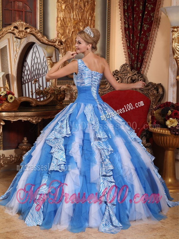 Blue and White Zebra Print Quinceanera Gowns One Shoulder Ruffles