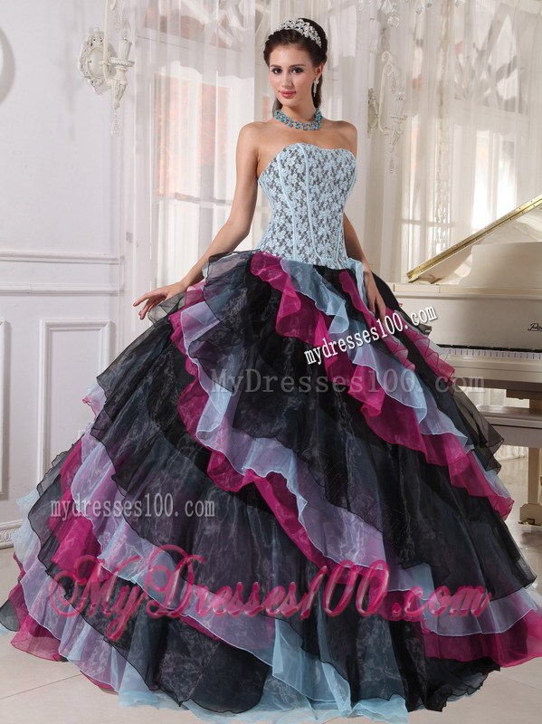 Multi -Colored Ball Gown Floor-length Organza Sweet 15 Dress with Ruffled Layers