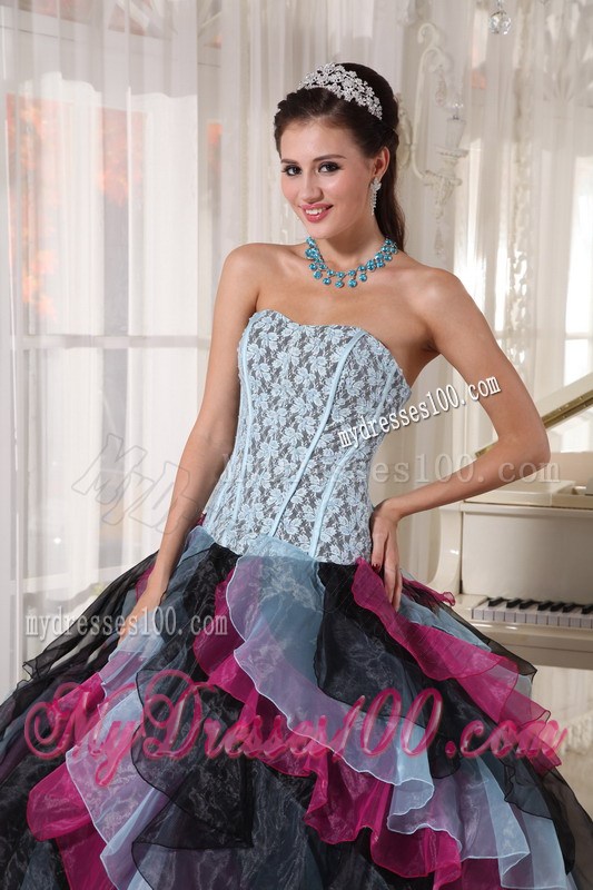 Multi -Colored Ball Gown Floor-length Organza Sweet 15 Dress with Ruffled Layers