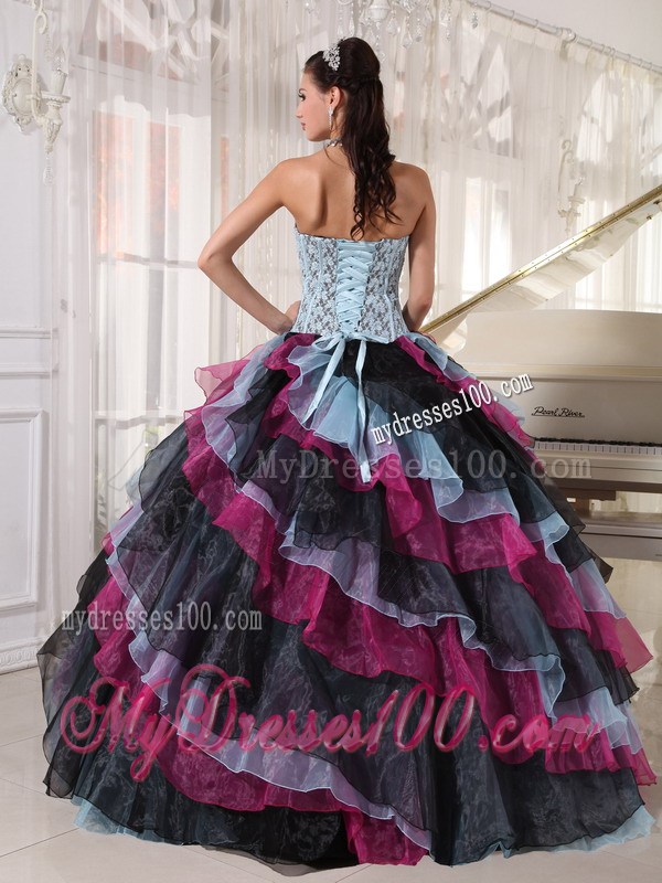 Multi -Colored Ball Gown Floor-length Organza Sweet 15 Dress with Ruffled Layers