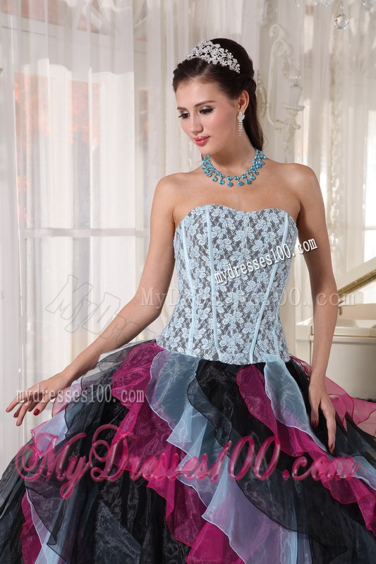 Multi -Colored Ball Gown Floor-length Organza Sweet 15 Dress with Ruffled Layers