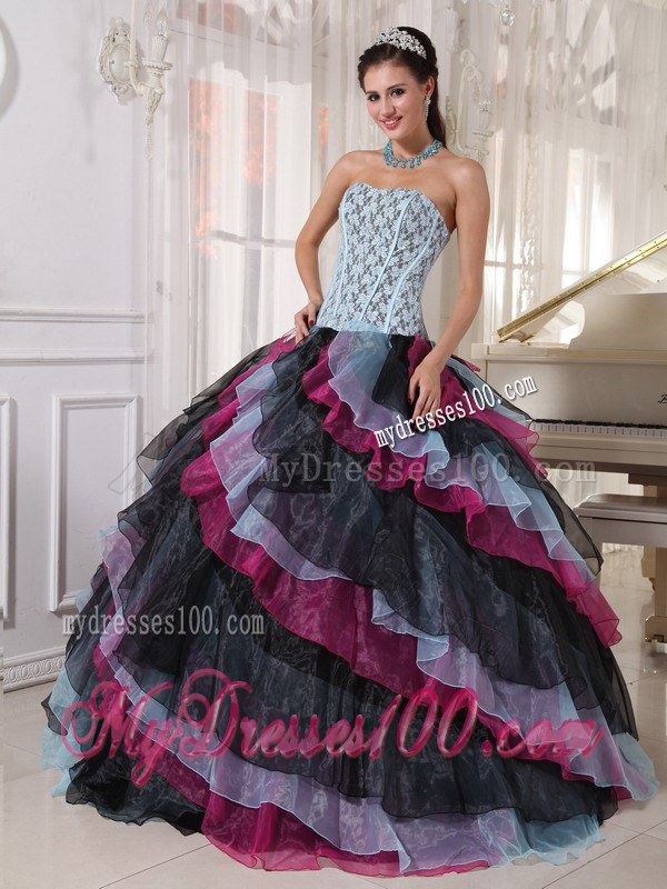 Multi -Colored Ball Gown Floor-length Organza Sweet 15 Dress with Ruffled Layers