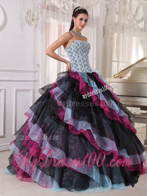 Multi -Colored Ball Gown Floor-length Organza Sweet 15 Dress with Ruffled Layers