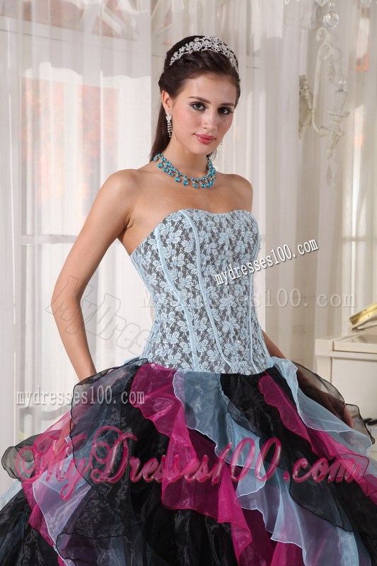 Multi -Colored Ball Gown Floor-length Organza Sweet 15 Dress with Ruffled Layers
