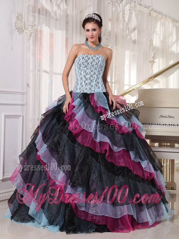 Multi -Colored Ball Gown Floor-length Organza Sweet 15 Dress with Ruffled Layers