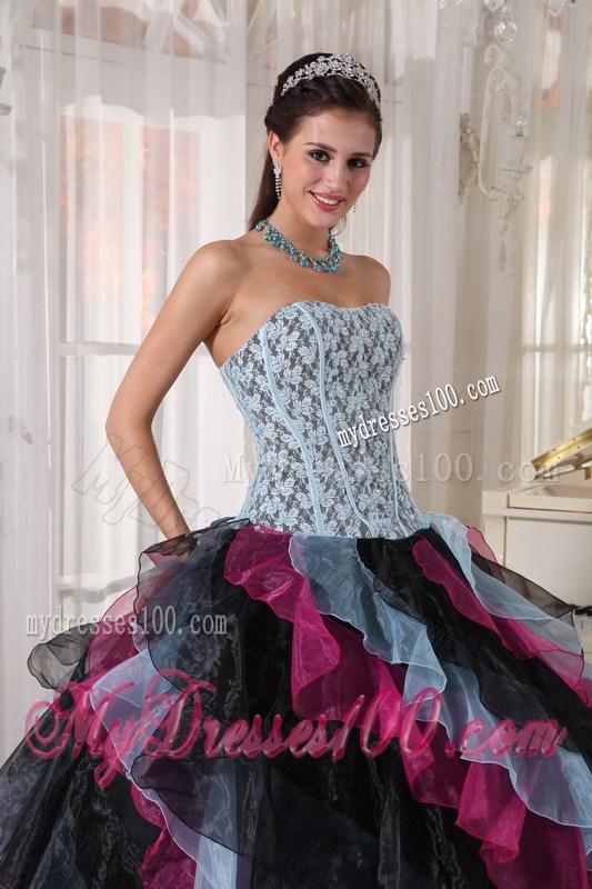 Multi -Colored Ball Gown Floor-length Organza Sweet 15 Dress with Ruffled Layers
