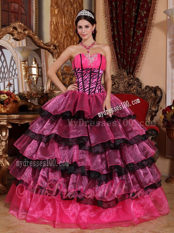 Red and Black Organza Ruffles Ball Gown Quinceanera Dresses with Zebra Bodice