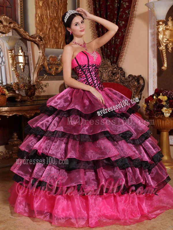 Red and Black Organza Ruffles Ball Gown Quinceanera Dresses with Zebra Bodice