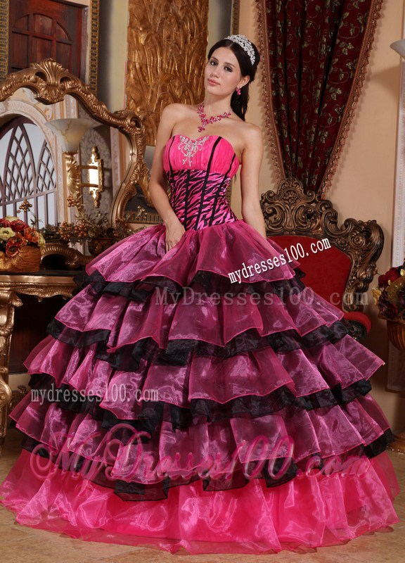 Red and Black Organza Ruffles Ball Gown Quinceanera Dresses with Zebra Bodice