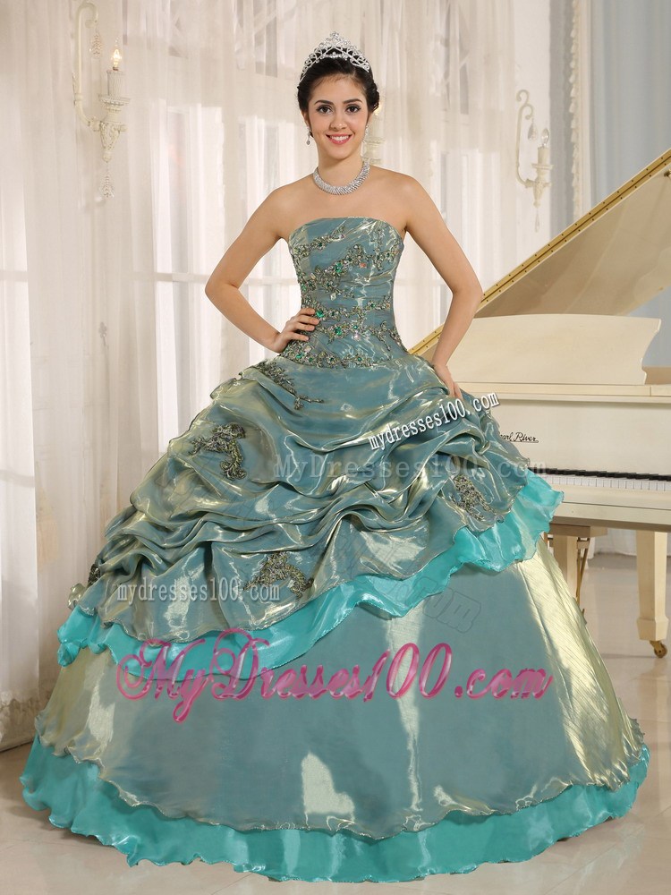 Colored Quinceanera Dress with Appliques and Layered Pick-ups
