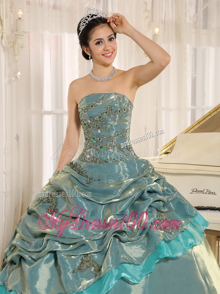 Colored Quinceanera Dress with Appliques and Layered Pick-ups