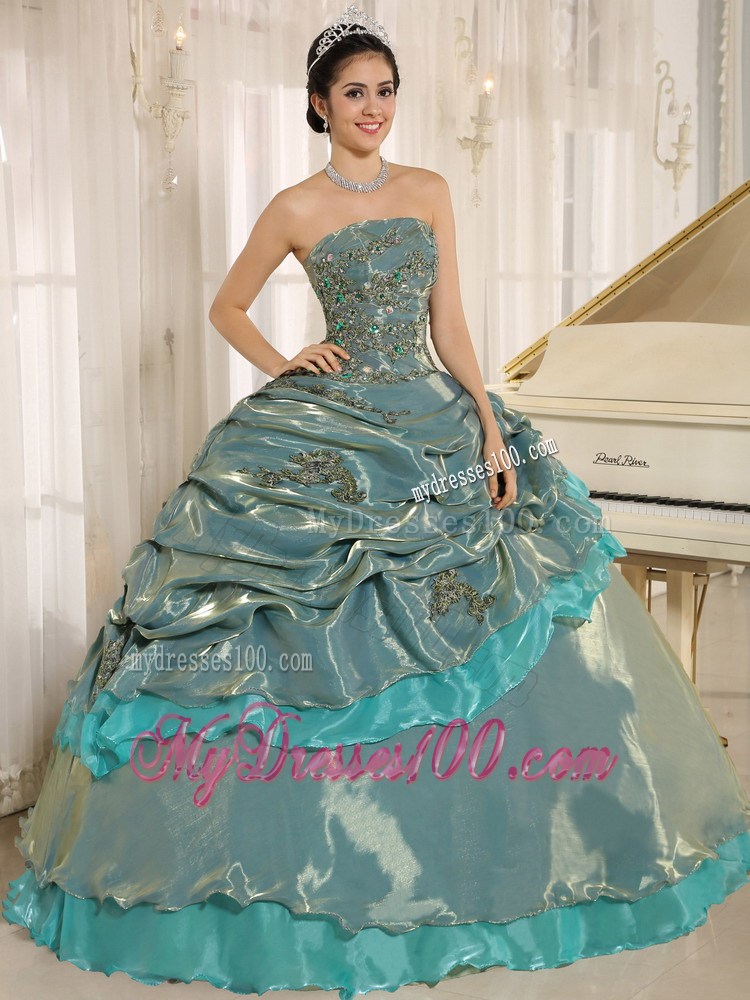 Colored Quinceanera Dress with Appliques and Layered Pick-ups