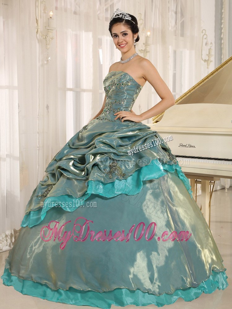 Colored Quinceanera Dress with Appliques and Layered Pick-ups
