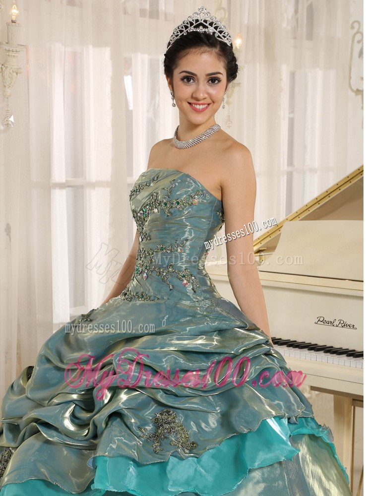 Colored Quinceanera Dress with Appliques and Layered Pick-ups