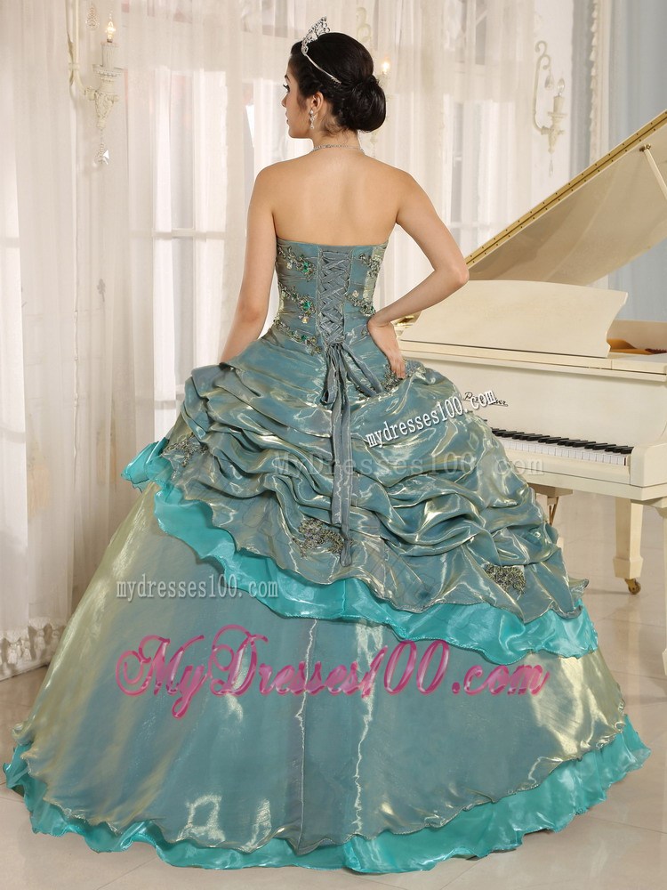 Colored Quinceanera Dress with Appliques and Layered Pick-ups