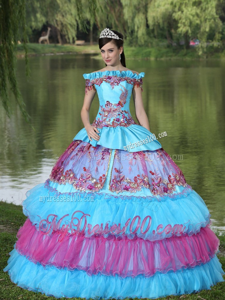 Colorful Off Shoulder Sweet 15 Dress with Ruching Layers and Paillettes