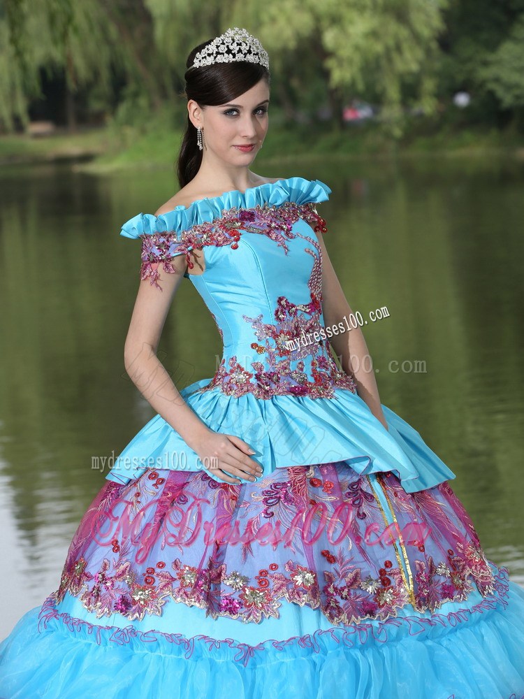 Colorful Off Shoulder Sweet 15 Dress with Ruching Layers and Paillettes
