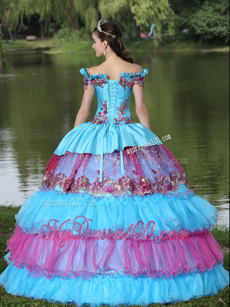Colorful Off Shoulder Sweet 15 Dress with Ruching Layers and Paillettes