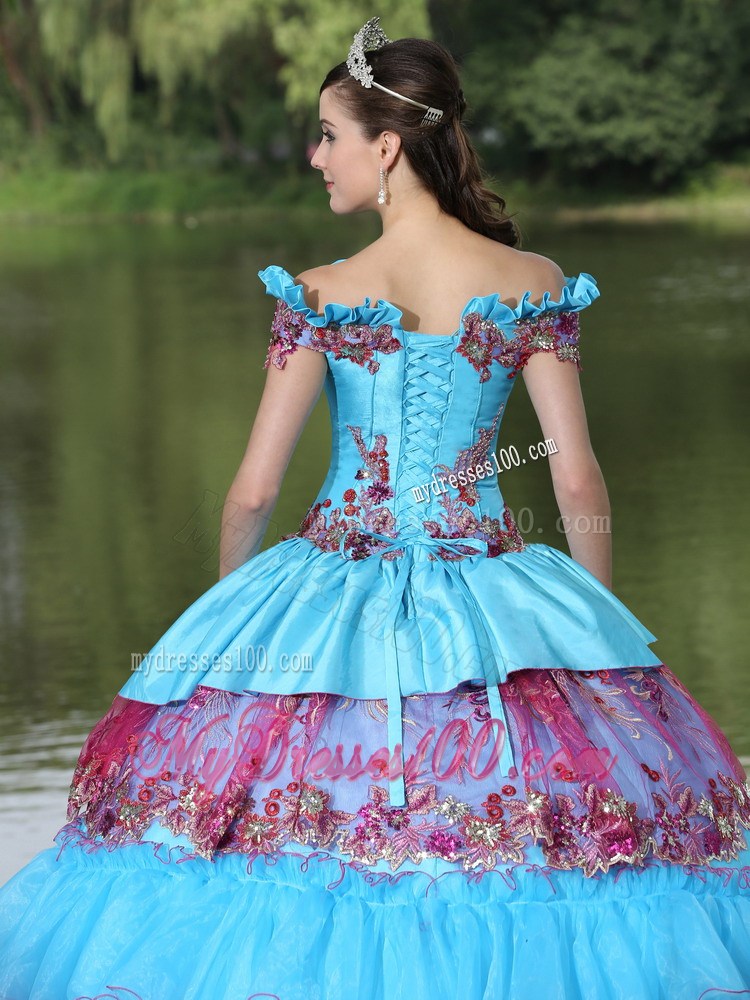 Colorful Off Shoulder Sweet 15 Dress with Ruching Layers and Paillettes