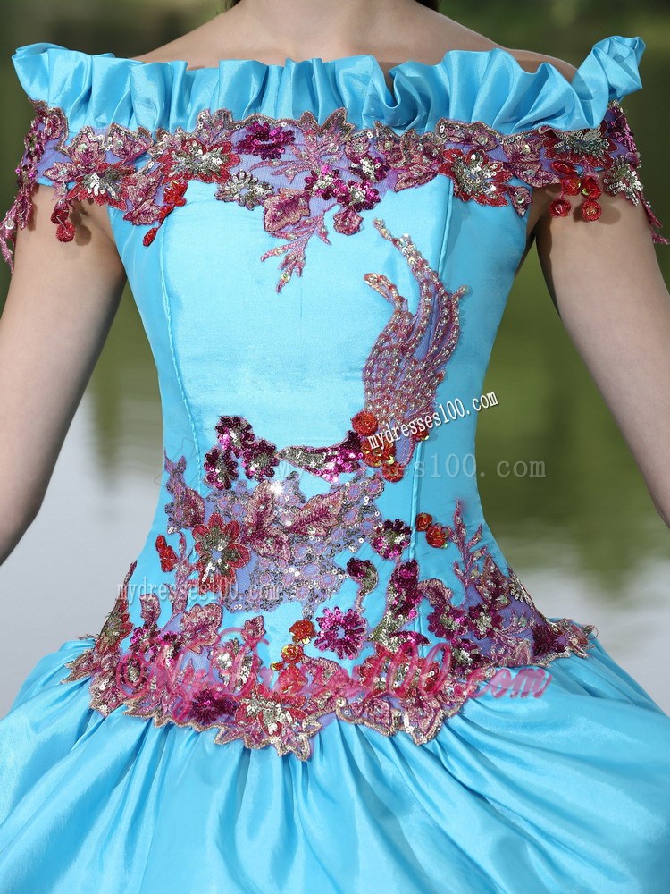 Colorful Off Shoulder Sweet 15 Dress with Ruching Layers and Paillettes