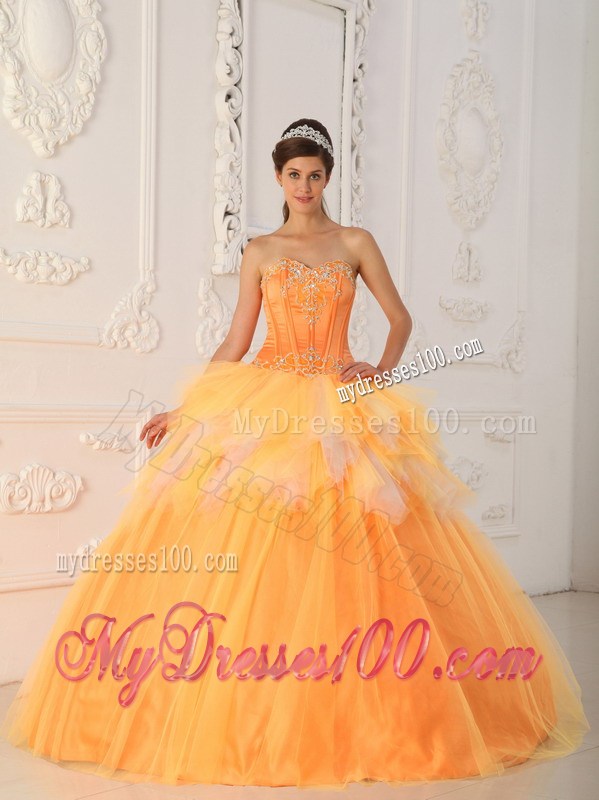 Orange A-line Appliques Decorate Quinceanera Dresses with Ruche and Layers