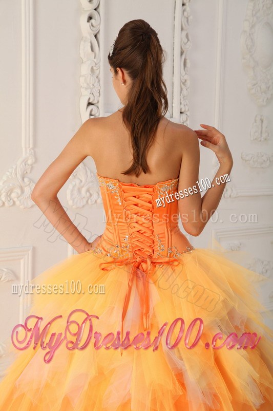 Orange A-line Appliques Decorate Quinceanera Dresses with Ruche and Layers