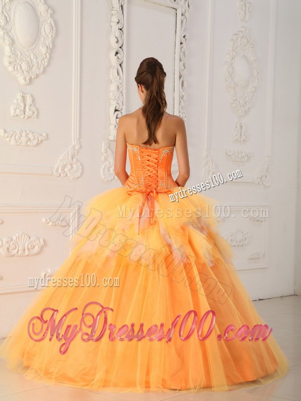 Orange A-line Appliques Decorate Quinceanera Dresses with Ruche and Layers
