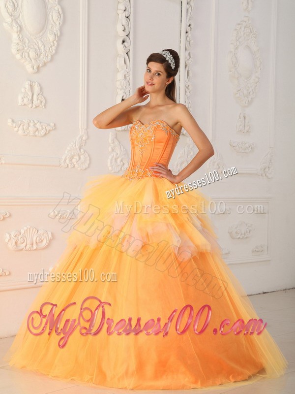 Orange A-line Appliques Decorate Quinceanera Dresses with Ruche and Layers