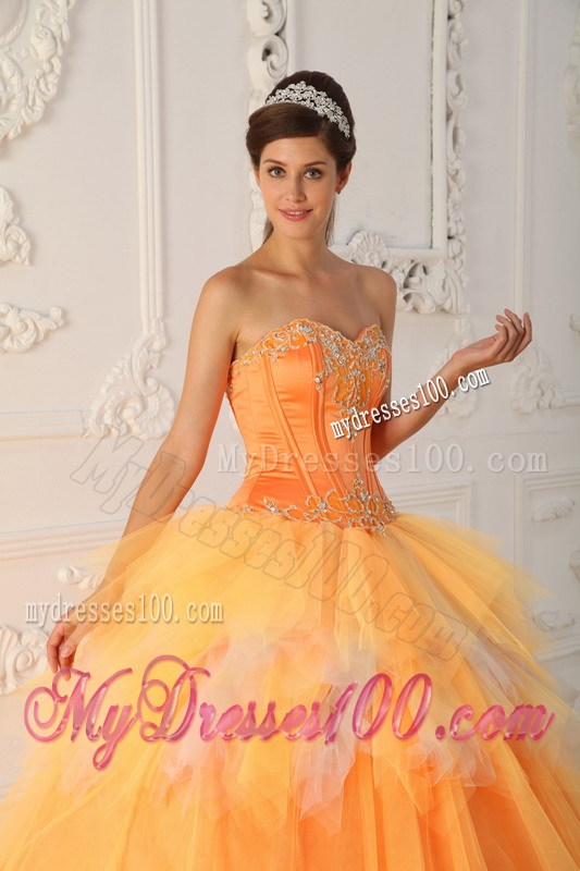 Orange A-line Appliques Decorate Quinceanera Dresses with Ruche and Layers