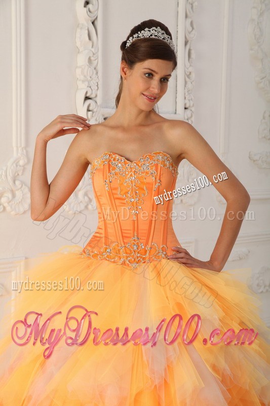 Orange A-line Appliques Decorate Quinceanera Dresses with Ruche and Layers