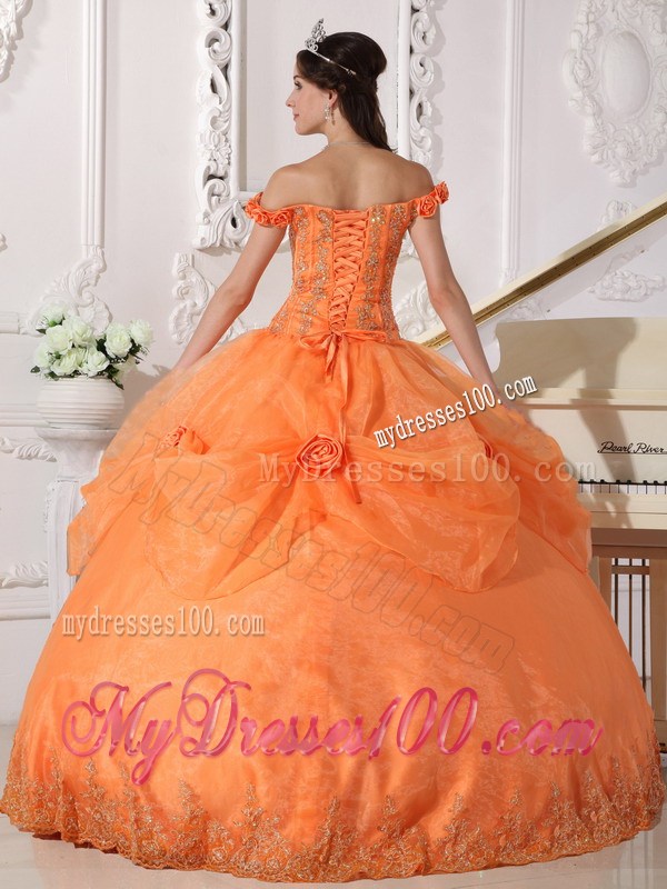 Off the shoulder with Hand Made Flowers Puffy Ball Gown Quinceanera Dresses in Orange