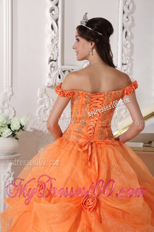 Off the shoulder with Hand Made Flowers Puffy Ball Gown Quinceanera Dresses in Orange