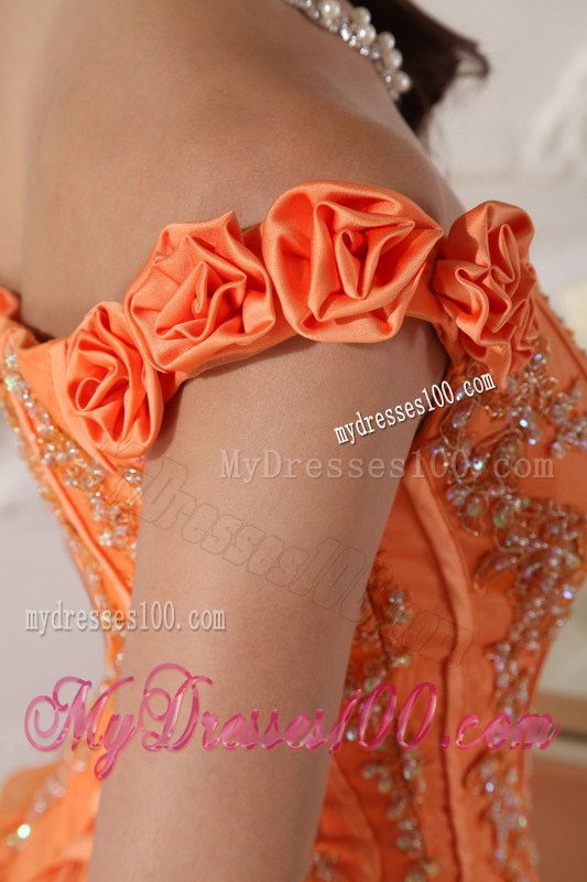 Off the shoulder with Hand Made Flowers Puffy Ball Gown Quinceanera Dresses in Orange