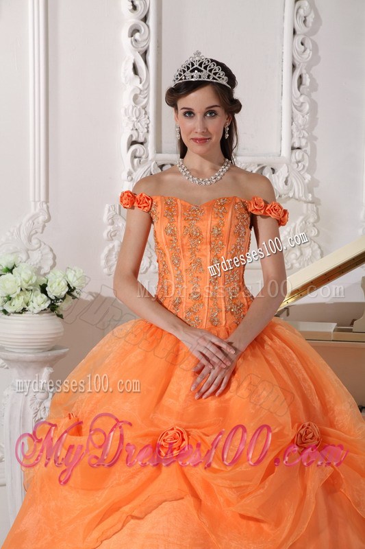 Off the shoulder with Hand Made Flowers Puffy Ball Gown Quinceanera Dresses in Orange