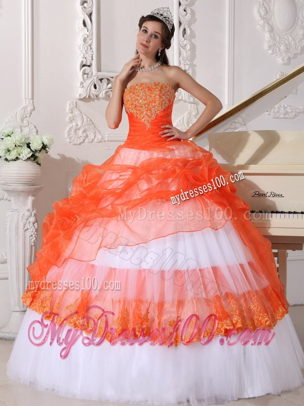 White and Orange Ball Gown Quinceanera Dresses Decorated with Hand Made Appliques