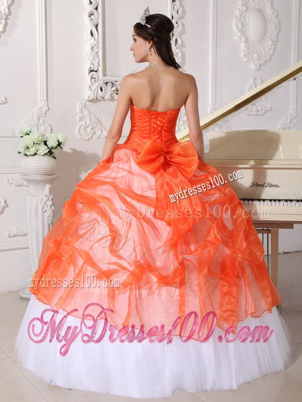 White and Orange Ball Gown Quinceanera Dresses Decorated with Hand Made Appliques