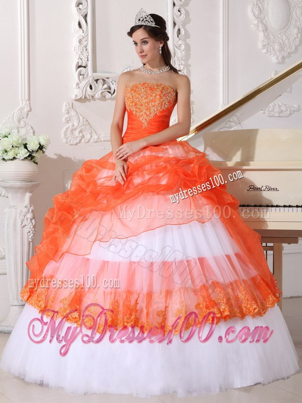 White and Orange Ball Gown Quinceanera Dresses Decorated with Hand Made Appliques