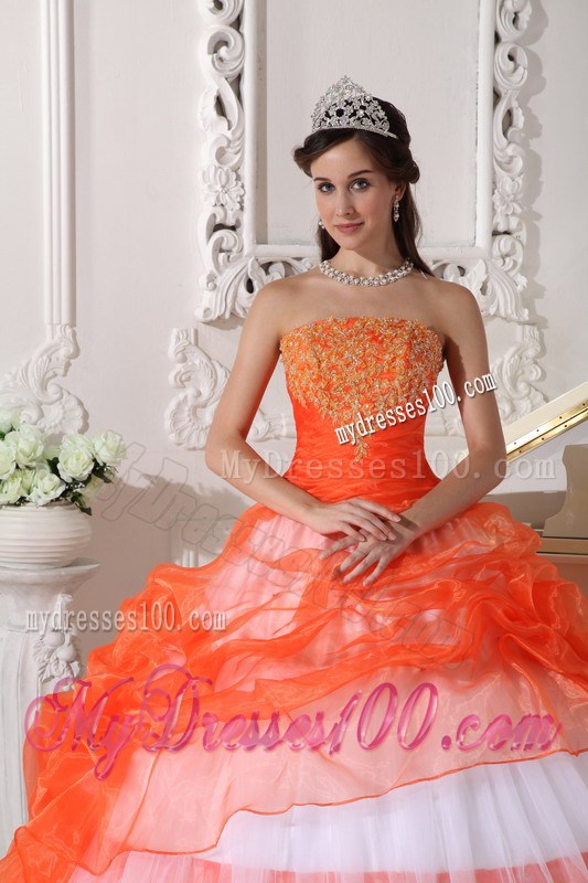 White and Orange Ball Gown Quinceanera Dresses Decorated with Hand Made Appliques