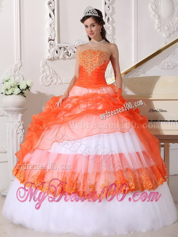 White and Orange Ball Gown Quinceanera Dresses Decorated with Hand Made Appliques