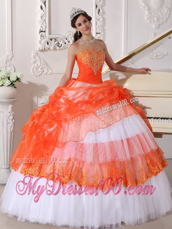 White and Orange Ball Gown Quinceanera Dresses Decorated with Hand Made Appliques